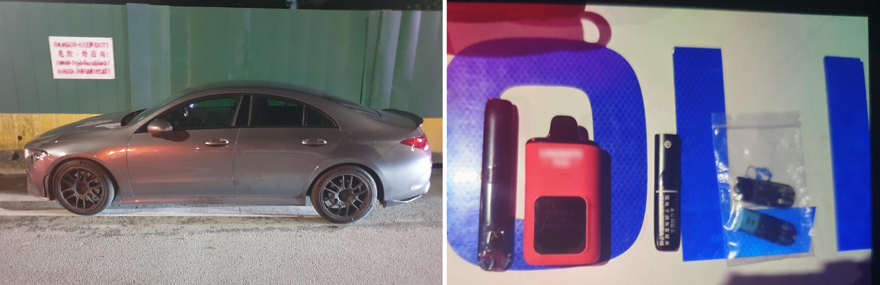 The car driven by the 30-year-old, who collided with a motorcycle in Choa Chu Kang, and the e-vaporisers and pods seized from him.