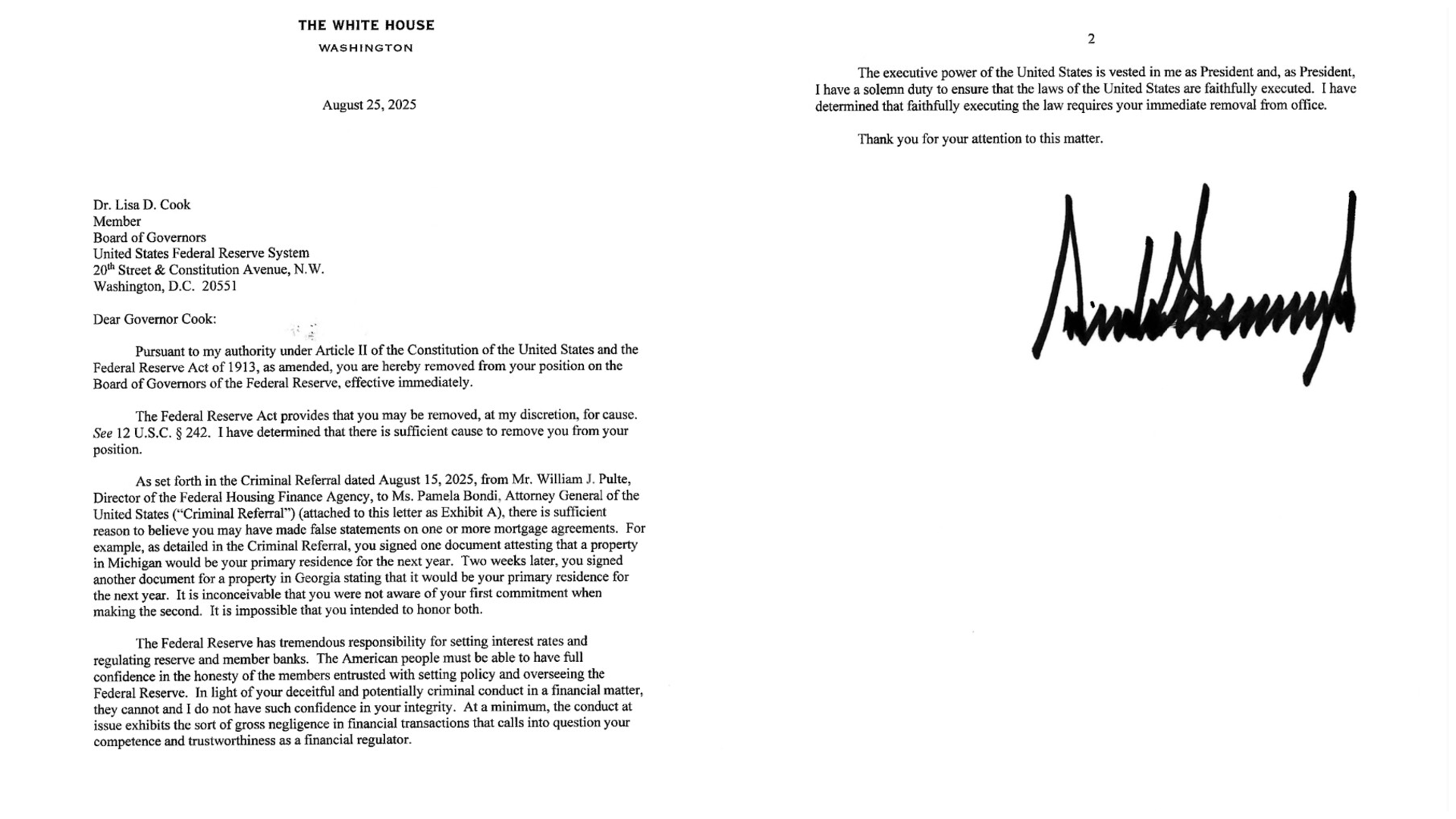US President Donald Trump's letter to Federal Reserve Governor Dr Lisa Cook on Aug 25.