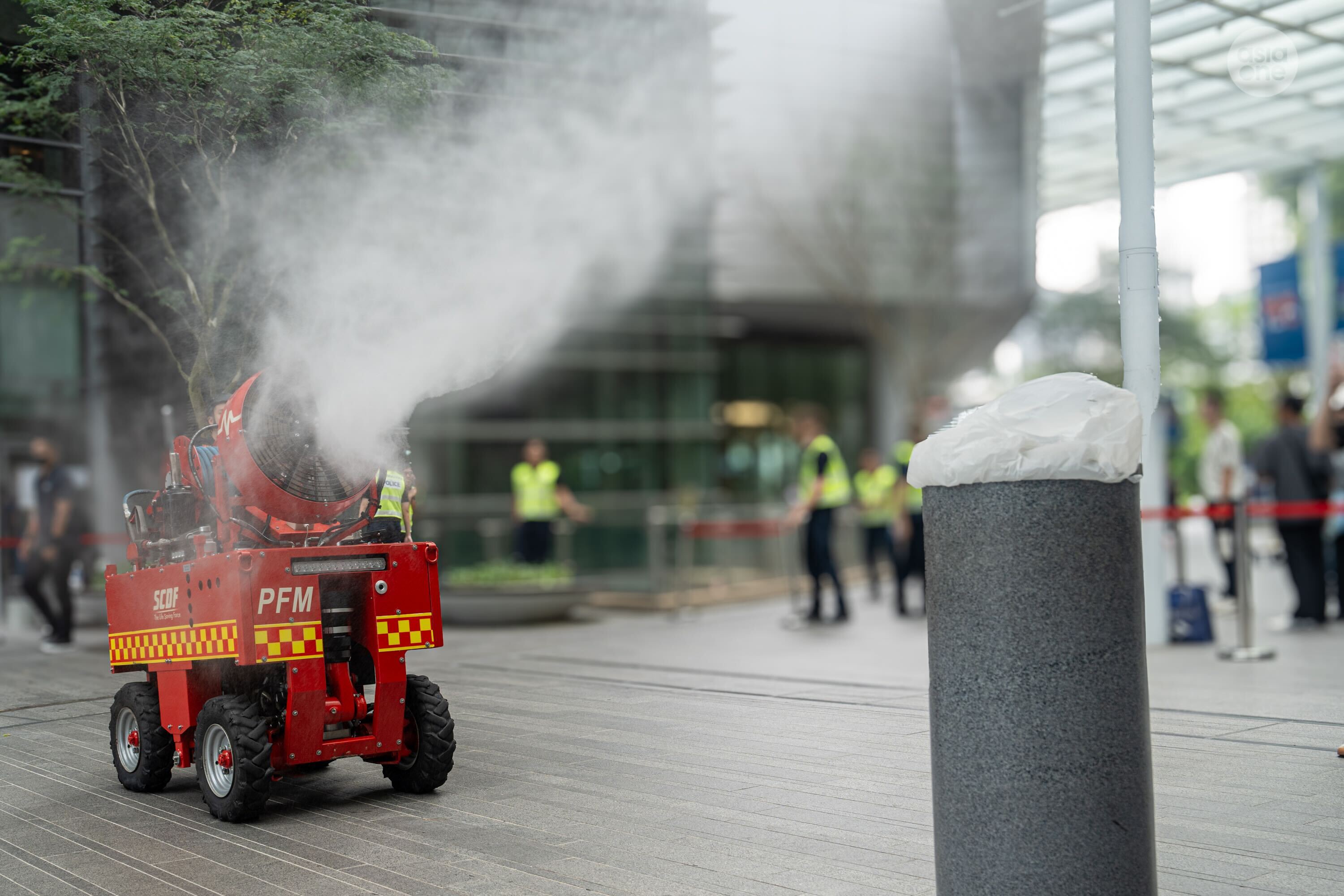 The SCDF's pumper firefighting machine (PFM) can be remotely-controlled from a safe distance by firefighters during high-risk firefighting operations.