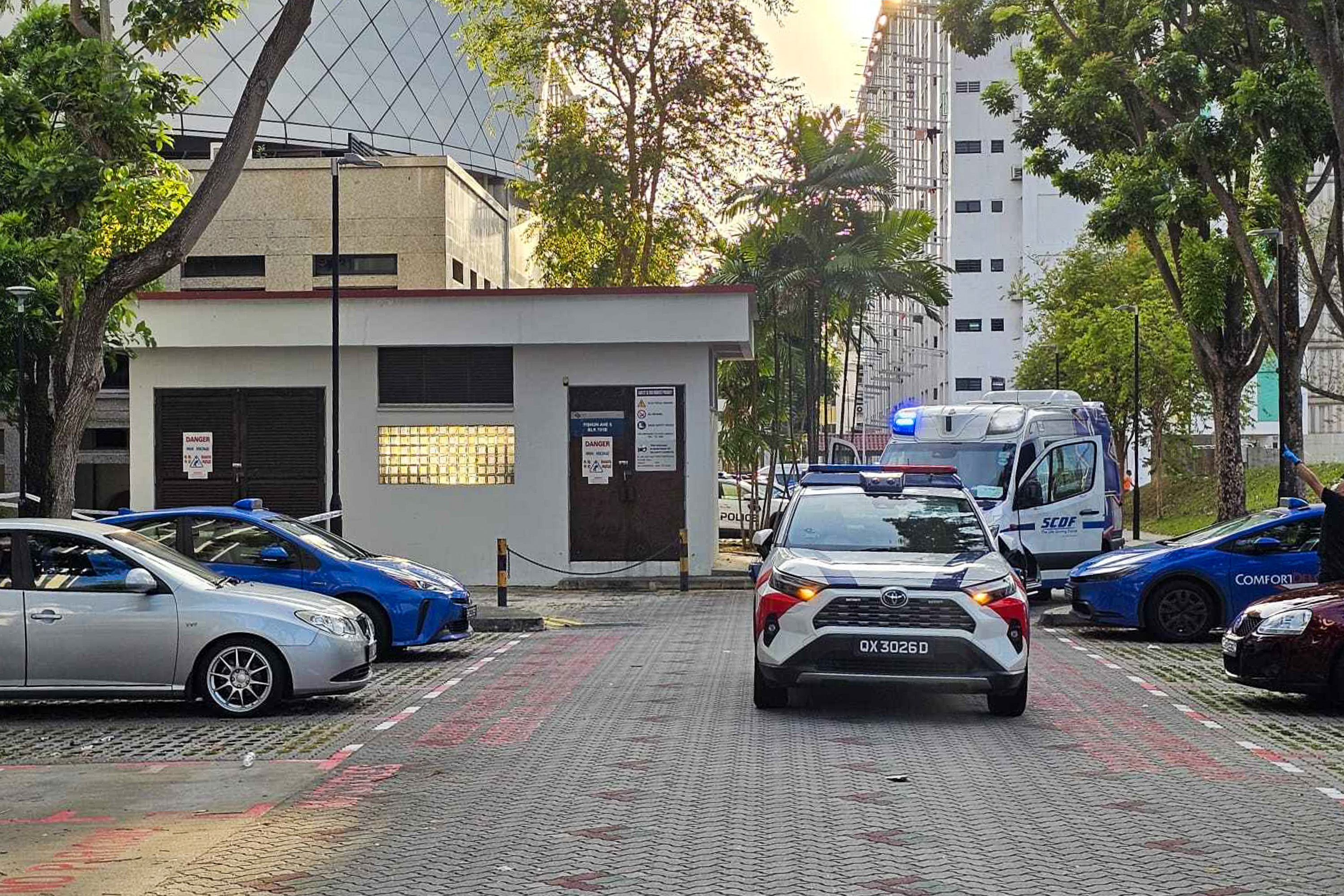 At least three police fast response cars and an ambulance were seen at the scene.