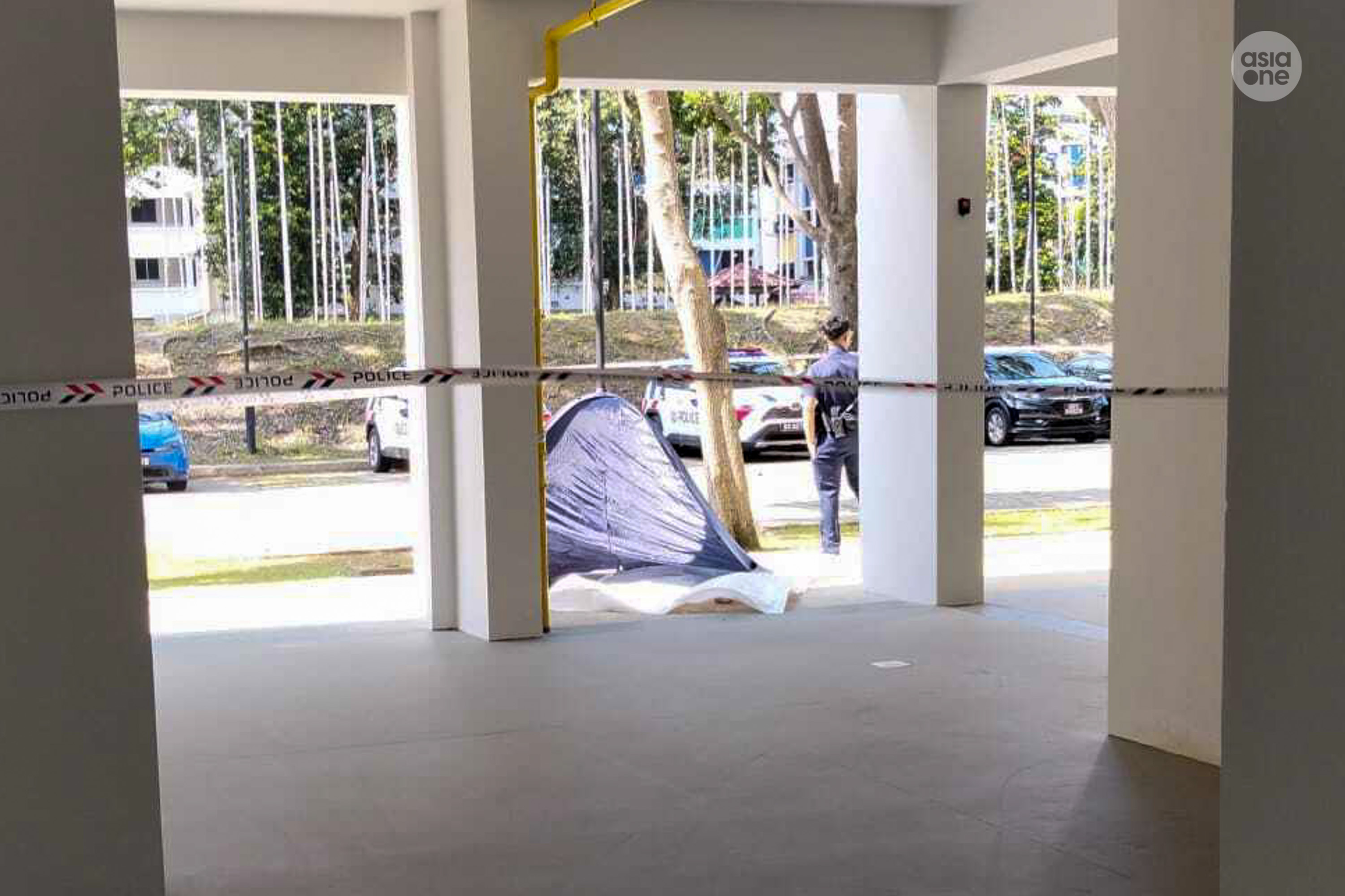 A police officer stands watch over the police tent placed over the elderly woman's body.
