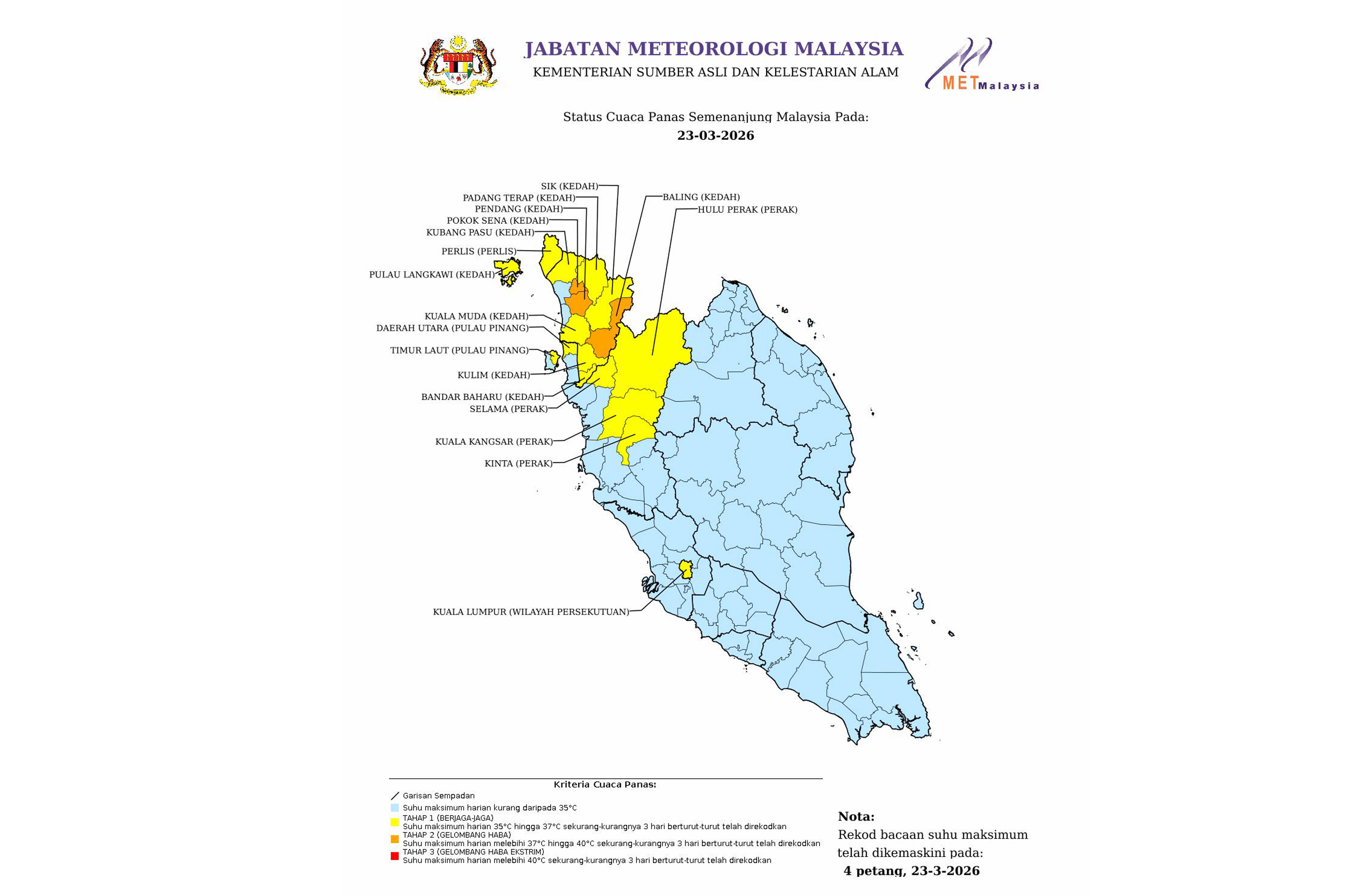 Districts across north Peninsular Malaysia which have been issued with hot weather alerts.