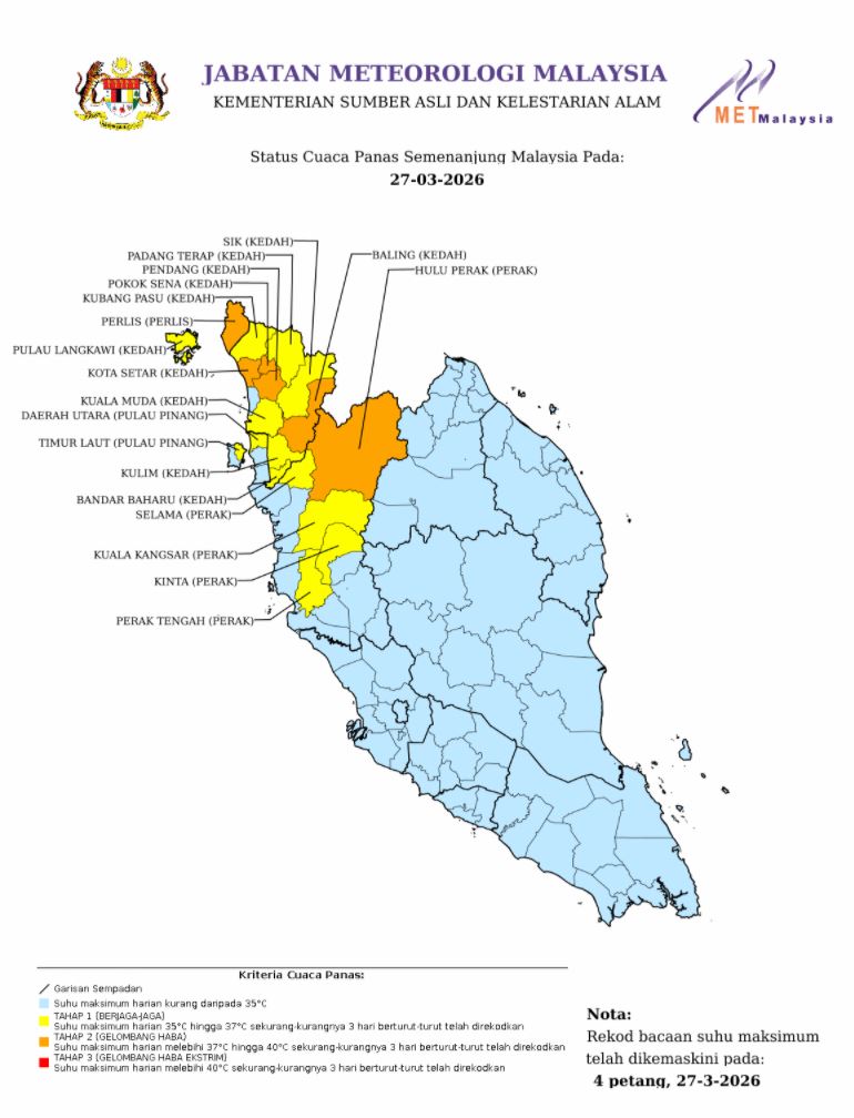 Districts across north Peninsular Malaysia which have been issued with hot weather alerts.