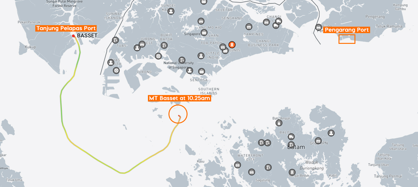 MT Basset is currently anchored in Singapore waters off Pulau Semakau, a rubbish landfill. 