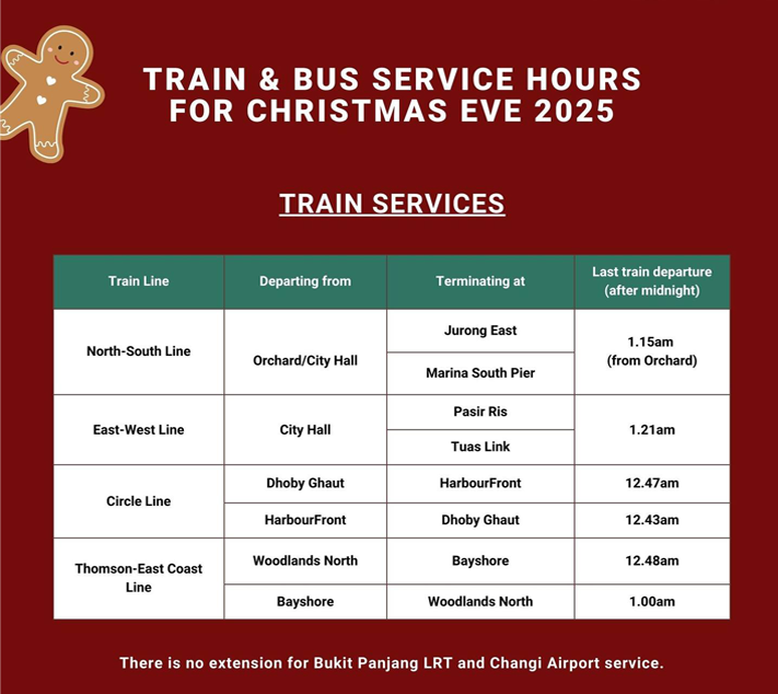 Extension of train services on the MRT's NSL, EWL, CCL and TEL on Christmas Eve.
