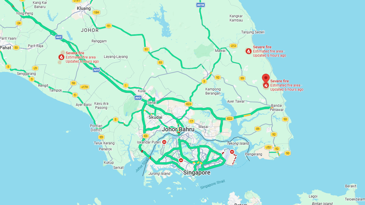 Google's crisis alert listed three severe fires across Johor.