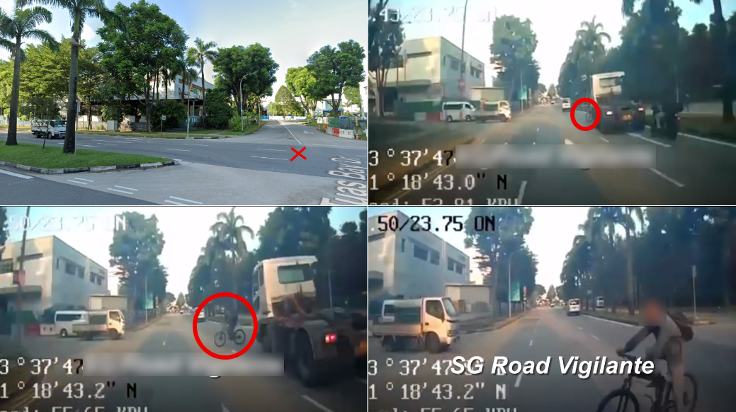 Scene breakdown of dashcam footage showing the accident between the private bus and cyclist along Tuas South Avenue 4 on Friday (Jan 30) morning.
