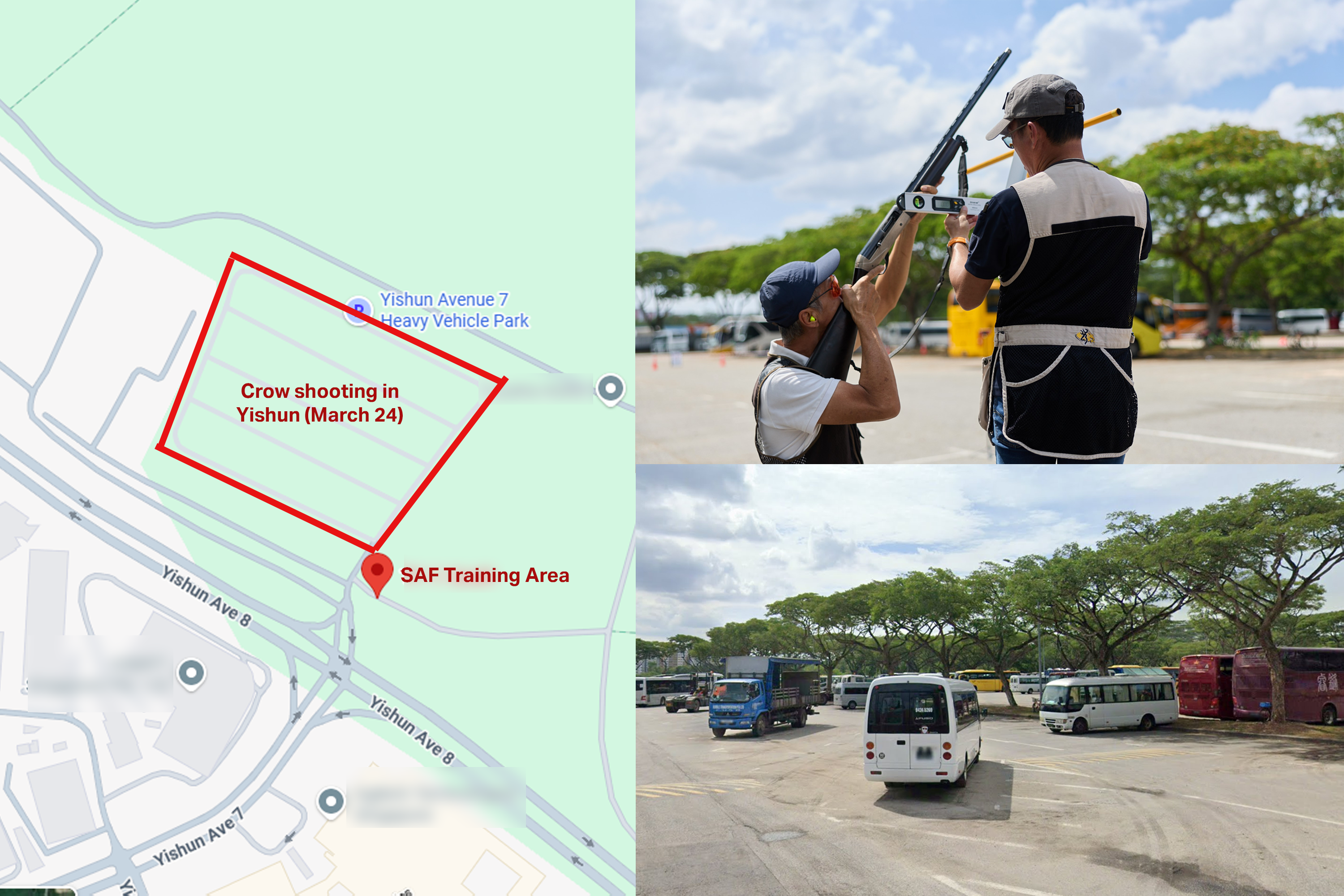Crow shooting operations resumed on Tuesday (March 24). Checks by AsiaOne indicate that the operation was conducted at a heavy vehicle car park along Yishun Avenue 8.